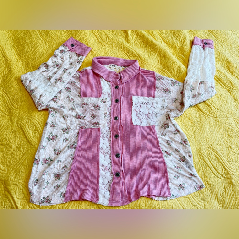 H175 New POL S pp24 Pink and Cream Patchwork detail Lace Button-Up Jacket Top - Picture 10 of 16